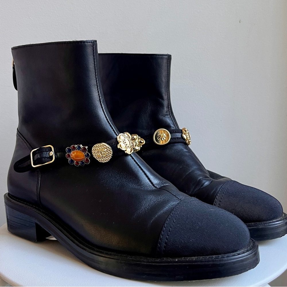 Chanel Black Leather Boots with Grosgrain Toe Cap Gold Charms 38